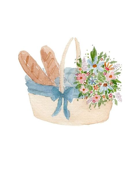 Summer Bread, Basket Watercolor, Watercolor Picnic, Blue Picnic, Basket Art, Lapin Art, Basket Drawing, Flowers Digital, Watercolor Printable