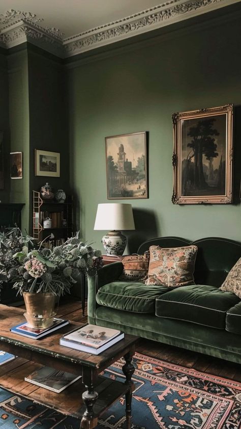 Dark Green Living Room, Moody Living Room, Jade Design, Dark Home Decor, Casa Vintage, Green Walls, Vintage Living Room, Living Room Green, Green Rooms