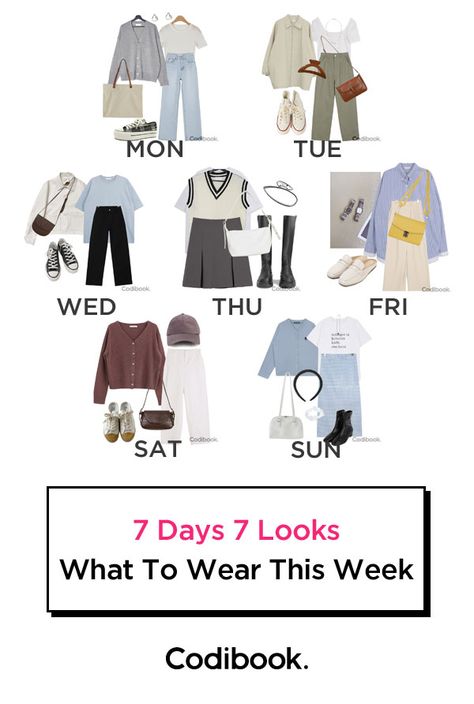 7 Days 7 Looks, What To Wear This Week (3rd Week Of April) - Codibook. What To Wear Each Day Of The Week, Codibook Outfit, Outfits For Each Day Of The Week, Days Of The Week Outfits, Work Week Outfits, Finals Week Outfit, 50 Degree Weather Outfit, Day Trip Outfit, Degree Outfit