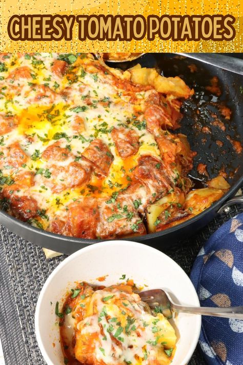 cheesy tomato potatoes on a table in the pan and a small serving dish Potatoes And Tomatoes Recipes, Potato Tomato Recipe, Yukon Potatoes, Fresh Tomato Recipes, Adobo Seasoning, Tomato Basil Sauce, Baked Tomatoes, Side Dish Recipes Easy, Stewed Tomatoes