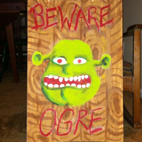 Shrek sign on foam board with acrylic paint for easy/fun birthday decoration - team Moydell Easy Shrek Painting, Vinyl Paintings, Trunk Or Treat, Shrek, Mini Canvas Art, 4th Birthday Parties, Painting For Kids, Birthday Fun, 2nd Birthday Parties