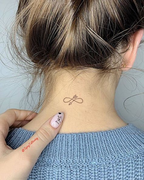 Behind The Neck Tattoos, Eternity Tattoo, Infinity Arrow Tattoo, Small Infinity Tattoos, Minimalist Symbols, Tattoo On Neck, Tattoo On The Back, Nape Tattoo, Watercolor Tattoo Ideas