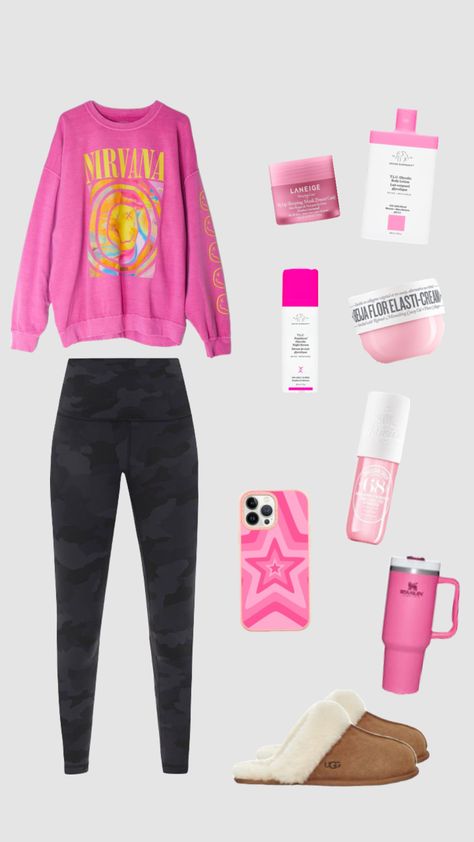 nirvana sweatshirt!! #preppy #preppypink #preppyinspo #preppyoutfit #preppyaesthetic Pink Nirvana Sweatshirt Outfit, Preppy Nirvana Shirt, Preppy Nirvana Sweatshirt, Cute Preppy Sweatshirts, Nirvana Outfit Ideas, Nirvana Sweatshirt Outfit, Nirvana Shirt Outfit, Pink Nirvana Sweatshirt, Preppy Nirvana