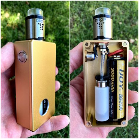 ATI 1590G+ Enclosure, Motley Mods battery/bottle sled, FDV 10A fire switch, ModMaker 510. #boxmods #diyboxmod Diy Box Mod, Diy Electronics, Diy Box, Cheap Diy, Home Hacks, Diy Design, Electronics, Writing, Quick Saves