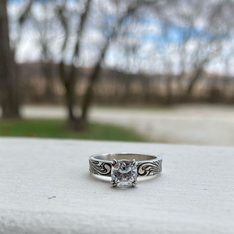 BA silver on Instagram: “The cushion shape is definitely not my favorite shape to set, but I always love the end result! . . . . . #basilver #handmade #custom…” Vintage Western Engagement Rings, Cowboy Wedding Rings, Western Engagement Rings Country, Country Wedding Rings For Women, Western Style Wedding Rings, Wedding Rings Western, Weddin Rings, Western Wedding Rings Sets, Country Wedding Rings