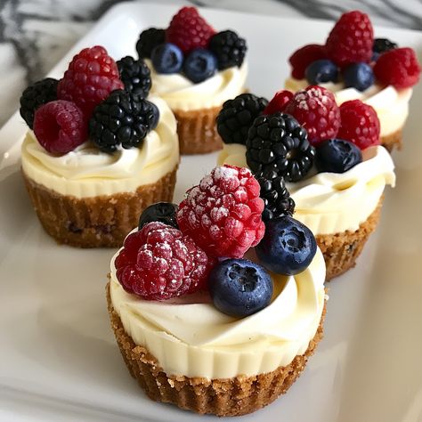 🍰🧁 Delight in these cute and tasty Mini Cheesecakes! #SweetTreats #CheesecakeLovers Mini Cheesecakes Ingredients: Graham cracker crumbs (1 cup) Butter (1/4 cup, melted) Cream cheese (16 oz, softened) Sugar (1/2 cup) Eggs (2) Vanilla extract (1 tsp) Fresh berries (for topping) Instructions: Preheat oven to 350°F (175°C). Mix graham cracker crumbs and melted butter, press into muffin cups. Beat cream cheese, sugar, eggs, and vanilla until smooth. Pour mixture over crusts. Bake for 20 minute... Cheesecake Lovers, Cheesecake Cups, Twisted Recipes, Berry Cheesecake, Wedding Dessert Table, Sugar Eggs, Trending Recipes, Mini Cheesecakes, Muffin Cups