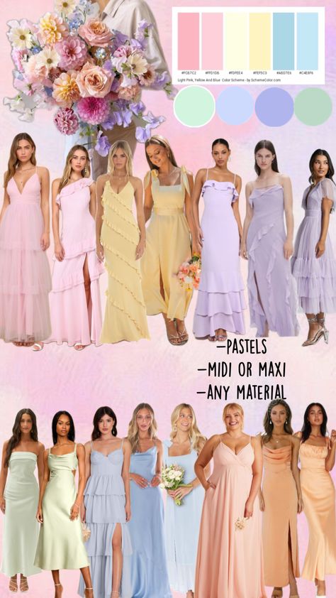 Spring Color Dresses For Wedding Guest, Soft Pastel Bridesmaid Dresses, Garden Party Bridesmaid Dress, Pink Yellow Weddings, Spring Wedding Guest Attire, Semi Formal Wedding Attire, Wedding Dress Code, Pastel Wedding Theme, Pastel Dresses