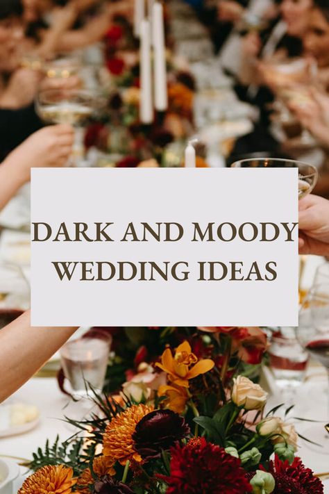 Here's some dark and moody wedding inspiration for brides that are looking for fall wedding decor and fall wedding inspiration. This couple had the most beautiful wedding tablescape ideas, come check out what they did! Dark Fall Wedding Table Decor, Moody Romantic Wedding Reception, Dark Romantic Fall Wedding, Dark And Moody Bridesmaid Dresses, Dark And Moody Fall Wedding, Moody Fall Wedding Table Settings, Moody Fall Wedding Decor, Dark Fall Wedding Decor, Moody Wedding Tablescape