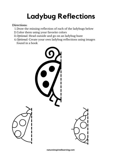 ladybug printable draw the reflection of the ladybug half of a clipart ladybugs with dashed lines dividing the bug in half blank space to draw the reflection three on the printable with directions Leaf Symmetry, Ladybug On A Leaf, Ladybug Coloring Pages, Ladybug Printable, Creative Writing Stories, Ladybug Coloring Page, Symmetry Worksheets, Scientific Drawing, Spring Writing