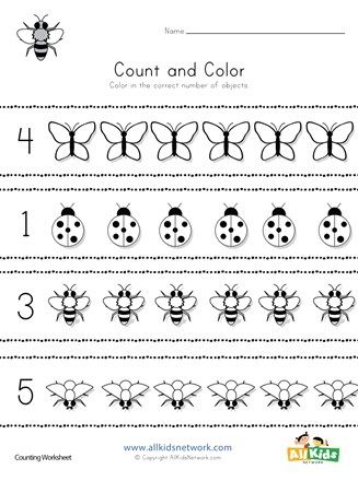 Count and color the correct number of butterflies, ladybugs, bees and flies. Bug Worksheets Preschool Free Printable, Insect Worksheets Preschool, Jungle Preschool, Insects Activities, Preschool Bug Theme, Prek Worksheets, Thanksgiving Math Worksheets, Shark Room, Color Worksheet