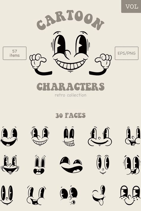 Cartoon Retro Characters. Vol 2 Draw Characters Cartoon, Rubberhose Style Character Design, Art Deco Cartoon, How To Draw Retro Cartoons, Rubberhose Style Tattoo, Cartoon Logo Design Ideas, Logo Design Character, Retro Character Logo, 90s Illustration Retro