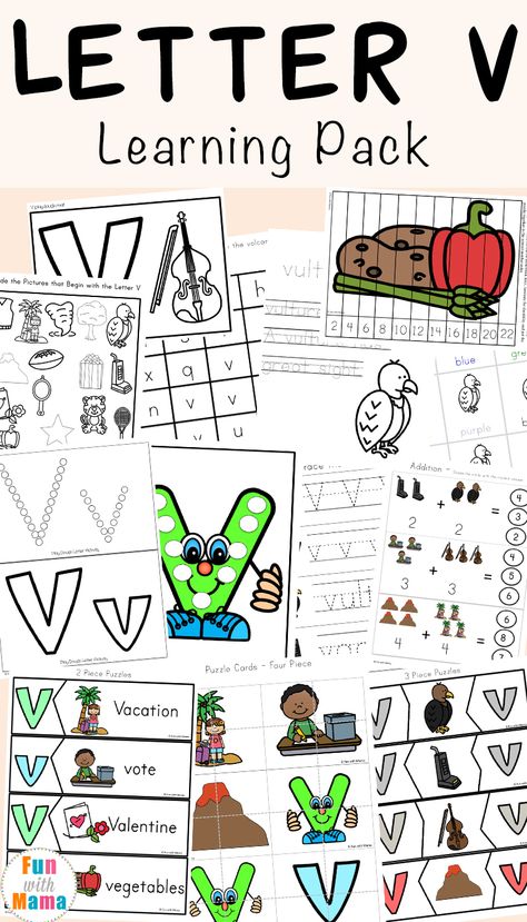 Letter V Worksheets for preschool and kindergarten pack includes: Printable activities, worksheets and games to help children practice concepts like simple math, letter recognition, prewriting and hand writing as well as fine motor skills. Letter V Activities, V Worksheet, Letter V Worksheets, Inspirational Letter, Letter Recognition Worksheets, Letter Worksheets For Preschool, Preschool Letter, Alphabet Worksheets Kindergarten, Kindergarten Letters