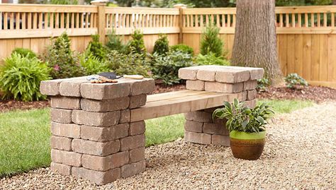 Build a Patio Block Bench Brick Patio Ideas, Paver Stone Patio, Patio Blocks, Garden Blocks, Fire Pit Materials, Garden Bench Diy, Building A Patio, Brick Patio, Diy Bench Outdoor