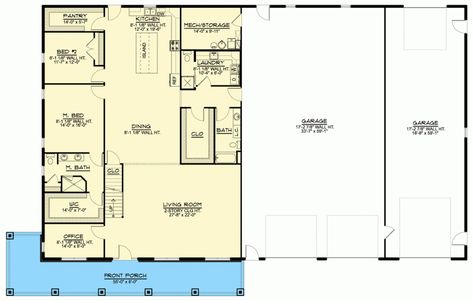 First level floor plan of the Classy 4BHK Barndominium with a 6-car garage, front porch, living room, office, dining room, kitchen, laundry room, storage, bath, pantry, and 2 bedrooms. Shop House With Rv Garage, Shop With Living Quaters, Shop House Garage, Barndominium Ideas With Rv Garage, Rv Barndominium Floor Plans, Barndominium With Rv Garage, 40x60 Shop With Living Quarters, Barndominium With Basement, Shop With Living Quarters Plans