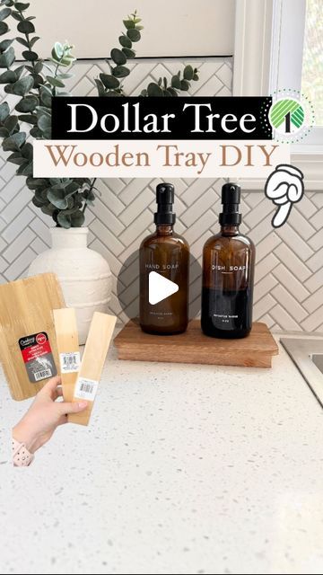 Instagram Dollar Tree Kitchen Backsplash, Wooden Dowels Crafts Diy Projects, Diy Bathroom Tray, Kitchen Soap Tray Ideas, Wooden Tray Diy, Dollar Tree Kitchen Decor, Halloween Interior, Dollar Tree Kitchen, Diy Hand Soap