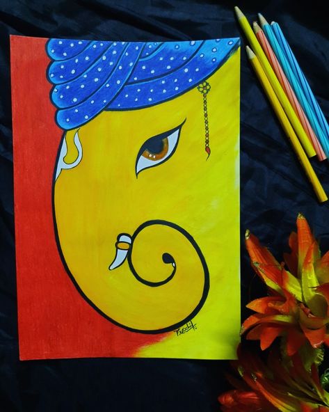 Deva Primary Colour Painting, Primary Colors Drawing Art, Primary Colour Drawing, Ganesh Painting Easy, Pencil Colour Sketches Easy, Primary Colours Art Ideas, Primary Colors Drawing, Alekhan Design, Ganeshji Drawing