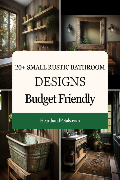 A collage showcasing small rustic bathroom designs with wooden accents, a vintage tub, and warm lighting, perfect for budget-conscious decorators.