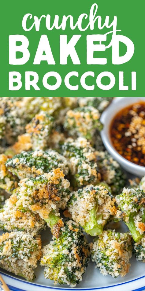 This Crunchy Baked Broccoli with Spicy Soy Sauce is deliciously addicting and great for an easy appetizer or a dinner side dish! The panko adds a light, crispy crunch and the batter adds flavor and amazing texture to the broccoli. Kid friendly and perfect with saucy noodles! #crunchybroccoli #pankobroccoli #appetizer #kidfriendly #veganrecipe Crispy Broccoli Recipes, Crispy Garlic Broccoli, Best Baked Broccoli Recipe, How To Make Crispy Broccoli, Saucy Vegetable Recipes, Crispy Baked Broccoli, Best Broccoli Side Dish, Broccoli Snack Recipes, Crispy Broccoli Baked