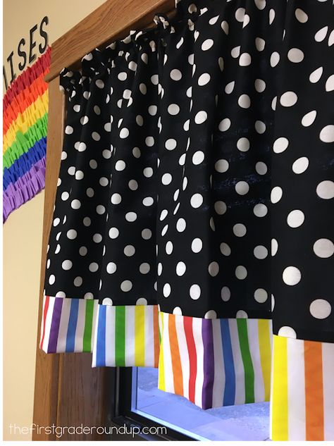 Take a peek inside my rainbow themed sunday school classroom! School Curtains, Classroom Curtain Ideas, Sunday School Classroom Decoration, Rainbow Classroom Theme Decor, Curtains Office, Rainbow Classroom Theme, Crayon Classroom, Rainbow Kindergarten, Rainbow Theme Classroom