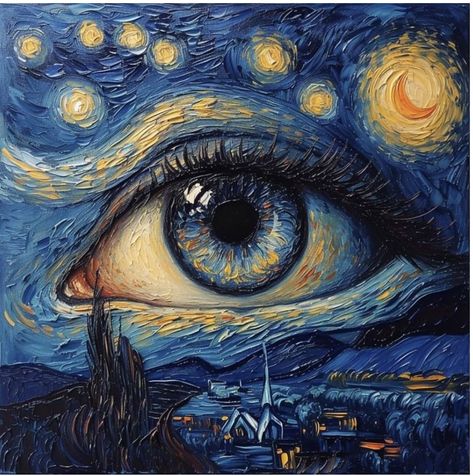 Starry Night Eye Drawing, Starry Nights Drawing, The Starry Night Aesthetic, Van Gogh Painting Ideas, Van Gogh Inspired Paintings, Starry Night Inspired Art, Starry Night Drawing, Van Gogh Night, Van Gogh Inspired Art