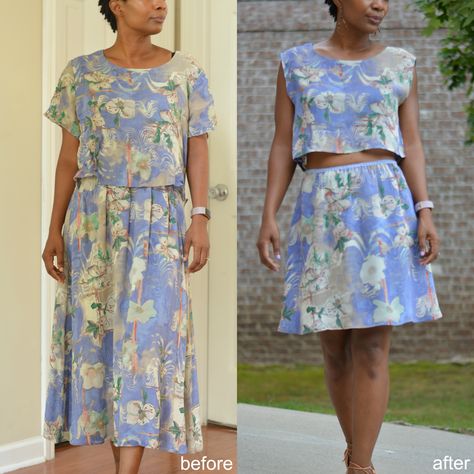 Refashion Dowdy Thrift Dress Into Cute Matching Set Turning Dress Into Two Piece, Thrift Flip Dress To Two Piece, Casual Upcycled Skirt For Spring, Thrift Flip Two Piece Set, Thrift Dress, Casual Upcycled Cotton Skirt, Dress Thrift, Sewing Refashion, Dress Makeover