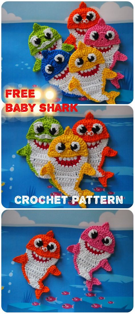 Baby Shark and His Family Free crochet pattern | Crochet Shark, Crochet Applique Patterns Free, Crochet Unique, Confection Au Crochet, Crochet Abbreviations, Crochet Simple, Haken Baby, Crochet Applique, Applique Patterns