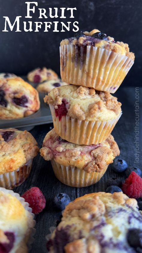 Fruit Muffins Dried Fruit Muffins, Mixed Fruit Muffins, Mixed Berry Muffins With Frozen Berries, Frozen Fruit Muffins, Fruit Explosion Muffins Recipe, Fruit Explosion Muffins, Fiber Muffin, Mixed Berry Muffins, Raspberry Coffee Cakes