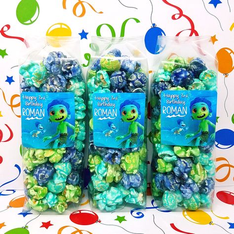 Luca Party, Popcorn Party Favors, Disney Party Favor, Luca Birthday, Disney Luca, Party Popcorn, Monster Birthday Party, Popcorn Bag, Popcorn Favors