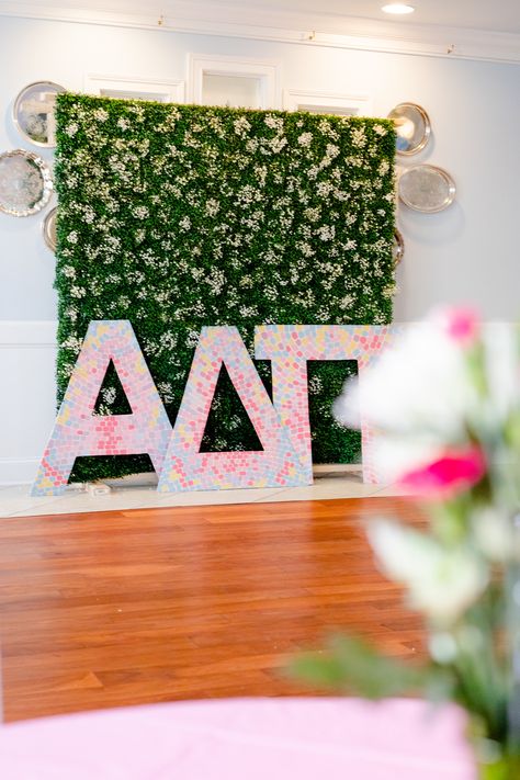 Sisterhood Party Ideas, Where The Grass Is Greener Bid Day, In Full Bloom Sorority, Grass Is Greener Bid Day, Floral Bid Day Theme, Sorority Photo Backdrop, Sorority Rush Decorations, Sorority Recruitment Room Decorations, In Full Bloom Bid Day