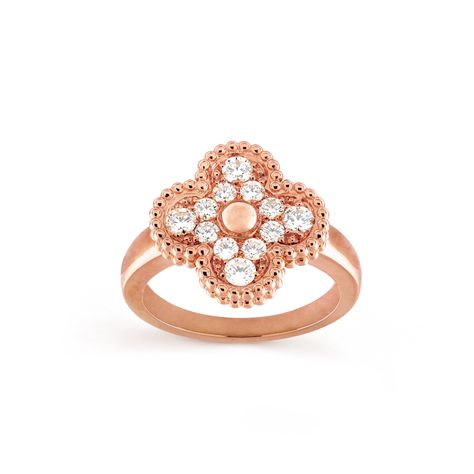 Van Cleef & Arpels - Vintage Alhambra ring - Ring Woman Pink gold/Diamond - Faithful to the very first Alhambra® jewel created in 1968, the Vintage Alhambra creations by Van Cleef & Arpels are distinguished by their unique, timeless elegance. Inspired by the clover leaf, these icons of luck are adorned with a border of golden beads. Faithful to the very first Alhambra® jewel created in 1968, the Vintage Alhambra creations by Van Cleef & Arpels are distinguished by their unique, timeless elegance. Inspired by the clover leaf, these icons of luck are adorned with a border of golden beads. Vintage Alhambra ring, 18K rose gold, round diamonds; diamond quality DEF, IF to VVS. Alhambra Ring, Alhambra Pendant, 18k Gold Bracelet, Van Cleef And Arpels, 18k Gold Necklace, 18k Gold Earrings, 18k Gold Ring, Van Cleef Arpels, Van Cleef