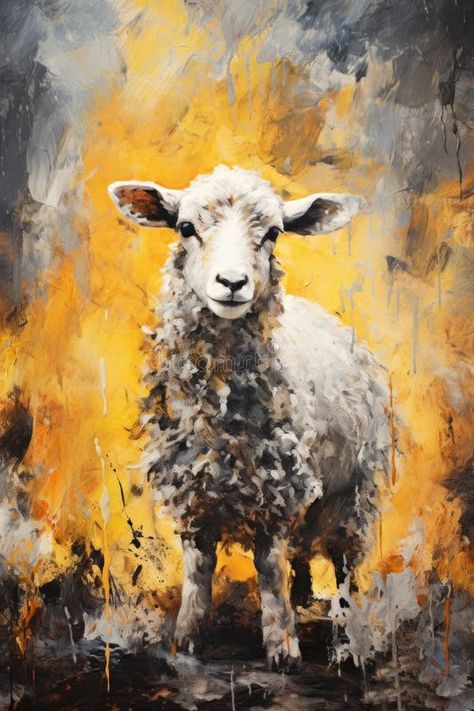 Metaphorical associative card on theme of animal. Sheep on yellow background. In style of impressionism and oil painting royalty free stock photos Abstract Sheep Painting, Sheep Oil Painting, Cows Painting, Painting Therapy, Sheep Paintings, Cow Painting, Background Photo, Yellow Background, Impressionism