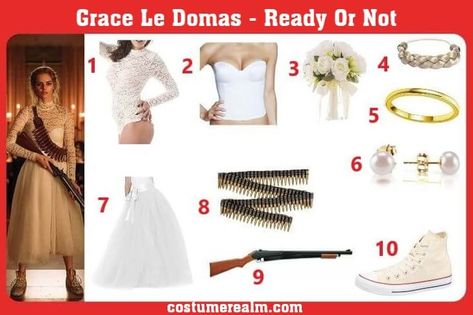 Grace Ready Or Not Costume, Ready Or Not Halloween Costume, Ready Or Not Costume, Ready Or Not Movie, Grace Wedding Dress, Costume Guide, How To Act, Spooky Night, Bride Flowers