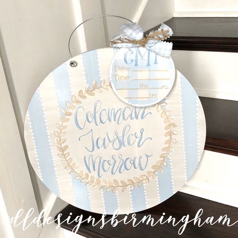 "Custom hospital door hanger with your choice of patterns: stripes, polka dots, or gingham design. Name is hand-lettered in blue.  Wreath surrounds name is hand painted in a burlap color.  Birth stat plaque included-can be the same pattern or mix and match for a unique design!  Position of initials and names can be switched.  This is a wonderful item for baby showers or to hang on the hospital door and eventually in baby's room! Each piece includes a name and initials.  Please leave name and ini Gender Neutral Hospital Door Hanger, Baby Boy Hospital Door Hangers, Baby Boy Door Hanger For Hospital, Hospital Door Sign, Hospital Door Hanger Boy, Gender Surprise, Hospital Door Signs, Samuel Heath, Cross Door Hangers