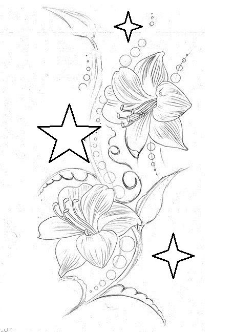 Lilies and stars Lily Sketch Tattoo, Flower Tattoo Flash, Lily Sketch, Lilly Flower Tattoo, Tattoos 2023, Sketch Outline, Lilly Flower, Flash Sheet, Tattoo Flash Sheet