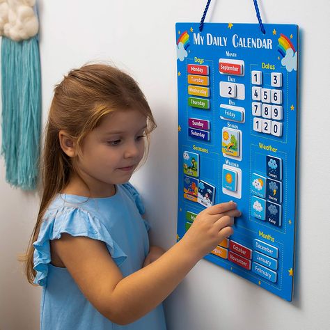 Familiarize your child with the concepts of days of the week, months of the year, seaons, weather, and more, with this wonderful, magnetic calendar! Circle Time Calendar, Toddler Calendar, Preschool Calendar, Homeschool Calendar, Magic Kids, Calendar For Kids, Calendar Board, Magic For Kids, Classroom Calendar