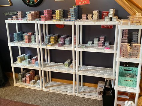 I have so many highly fragranced soy wax melts that sometimes it’s a challenge to stay organized. But stacking on the plastic shelves from Menards is the perfect way to keep track of everything I have! Wax Melt Organization, Wax Melt Storage Ideas, Wax Specialist, Wax Melts Storage, Lavender Festival, Startup Business Plan, Scented Soy Wax Melts, Plastic Shelves, Wax Strips