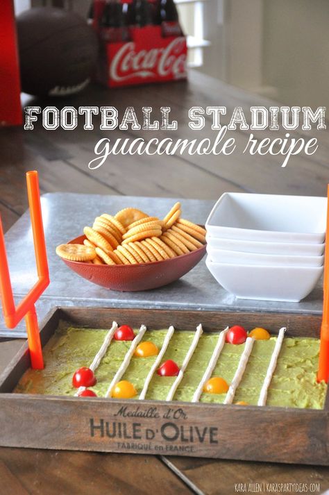 Guacamole football stadium and Ritz Crackers! Easy tutorial and yummy recipe using yogurt on Kara's Party Ideas | KarasPartyIdeas.com | Kara Allen #homebowlherocontest #homebowlhero Creamy Guacamole Recipe, Superbowl Ideas, Food Dips, Superbowl Recipes, Football Foods, Celebration Food, Tailgating Ideas, Game Day Party, Football Snacks