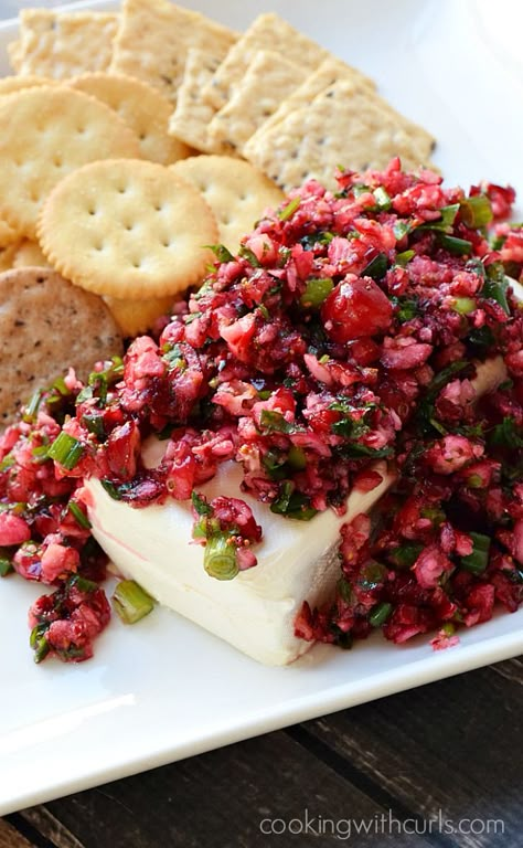 Cranberry Salsa - sweet and tangy with a hint of heat from the jalapenos & Holiday Party planning tips | cookingwithcurls.com #BeGlorious #CG #ad Cranberry Salsa, Party Bites, Salsa Guacamole, Cranberry Cream Cheese, Cranberry Relish, Christmas Friends, Holiday Dinners, Party Snack, Cranberry Recipes