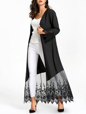 Lace Insert Open Front Long Coat - Black 2xl Lace Coat, Mode Kimono, Mode Abaya, Indian Designer Outfits, Lace Insert, Abayas Fashion, Abaya Fashion, Indian Designer Wear, Kimono Fashion