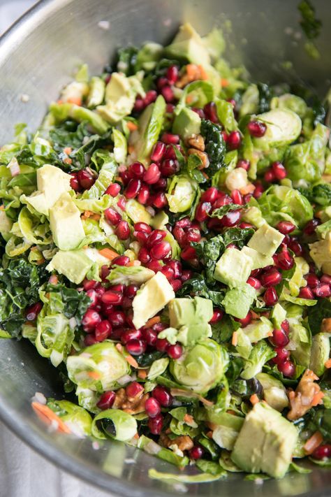 Shredded Brussels Sprout and Kale Salad with Lemon Vinaigrette - The Forked Spoon Chopped Brussel Sprouts, Shaved Brussel Sprout Salad, Dinner Light, Salad With Lemon Vinaigrette, Shredded Brussel Sprout Salad, Brussel Sprout Salad Recipes, Shaved Brussel Sprouts, Brussels Sprout Salad, Winter Salad Recipes