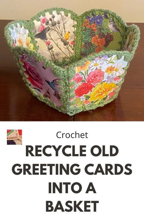 Learn how to upcycle old greeting cards by making a greeting card basket that will look attractive in Spring and Easter anywhere in the home. Also Gift Idea! Reuse Greeting Cards, Upcycled Greeting Cards, Crafts From Old Christmas Cards, Recycle Greeting Cards Ideas, Uses For Old Greeting Cards, Old Cards What To Do With, Easter Greeting Cards Handmade, Paper Gift Ideas, Easter Gift Card Holder