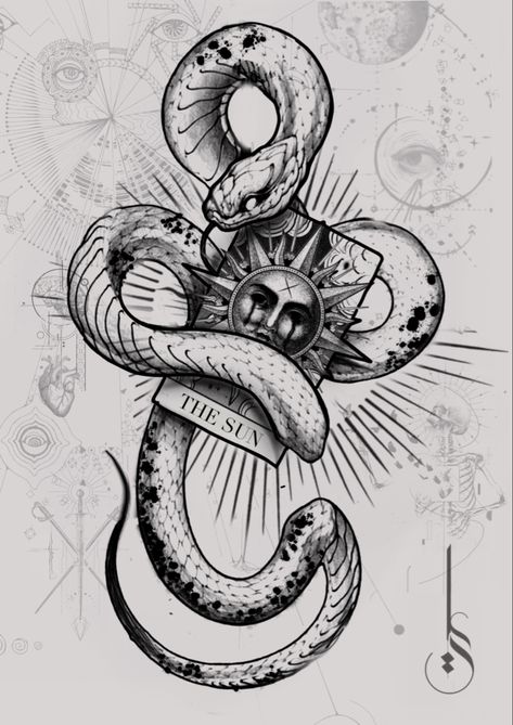 Snake With Sun Tattoo, Snake Drawing Sketches Tattoo Ideas, Snake Astrology Tattoo, Snake Tarot Card Tattoo, Snake And Snake Skeleton Tattoo, Snake Tarot Card, Tarot Card Tattoo, Card Tattoo Designs, Harry Potter Tattoo