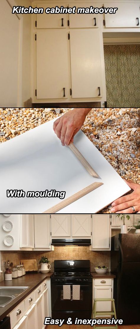 Molding On Cabinet Doors, Fill Cabinet Grooves, Flat Panel Cabinet Door Makeover, Diy Cabinet Molding, Add Moulding To Kitchen Cabinets, Trim Cabinet Doors, How To Measure For Cabinet Doors, Update Flat Cabinet Doors, Add Trim To Cabinet Doors