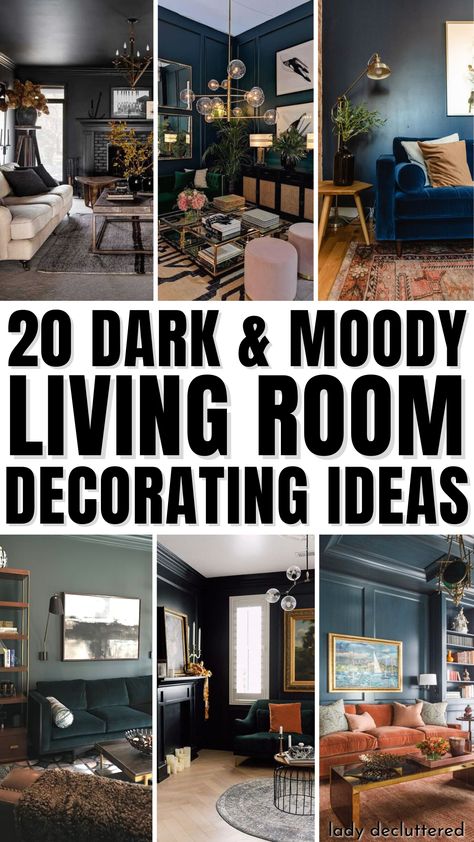 20 Dark & Moody Living Room Decorating Ideas Dark Moody Living Room, Dark And Moody Living Room, Moody Living Room, Navy Living Rooms, Moody Decor, Dark Living Rooms, Living Room Decorating Ideas, Living Room Decorating, Dark Home Decor