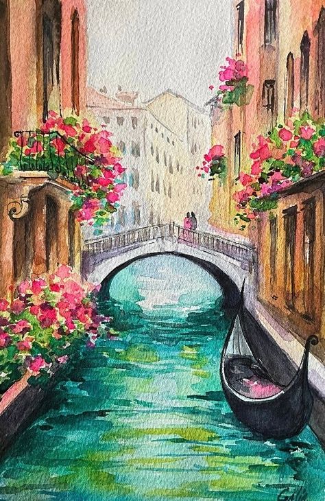 Italy Painting Watercolour, Greece Inspired Painting, Street View Painting, Spanish Paintings Easy, Architecture Painting Ideas, Watercolor Italy Landscapes, Italy Painting Easy Acrylic, Creative Watercolor Paintings Ideas, Art Inspiration Painting Watercolour