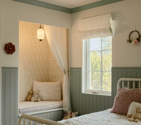 Reading Nook With Wallpaper, Sled Bed Bedrooms Decor, Kids Room With Wallpaper, Wallpaper Reading Nook, Kids Bed In Parents Room, Wainscotting In Bedroom, Whimsical Kids Bedroom, Bed In Nook, Bed Nook Ideas