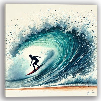 Capture the thrill of the surf with this stunning wrapped canvas wall art print. Featuring a silhouette of a surfer riding a massive wave, this piece brings the energy and excitement of the ocean into your home. Perfect for coastal decor or for anyone who loves the sea, this artwork is sure to make a splash. Dovecove Overall Size: 40" H x 40" W | Dovecove Surfer's Paradise Wave Wrapped Canvas Wall Art Print / greenMetal in Blue | 40" H x 40" W | Wayfair | Home Decor Surfer Art, Surf Painting, Camper Art, Ocean Waves Art, Surfers Paradise, Wave Art, Green Home Decor, Sea Art, Surf Art