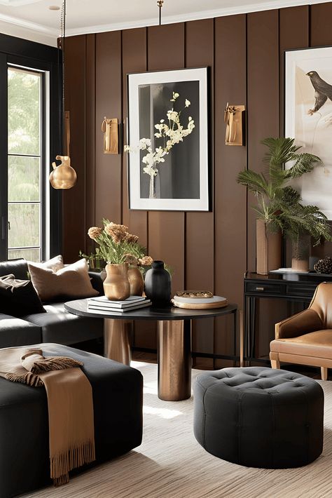 Brown Interiors: 10 Color Combinations That Go With Brown Paint Colors For Brown Floors, Dark Brown Interior Paint, Brown Walls Black Trim, Dark Brown Complimentary Colors, Van Dyke Brown Sherwin Williams, Colors That Go With Urbane Bronze, Brown Painted Trim, Brown Trim Interior, Bronze Paint Color