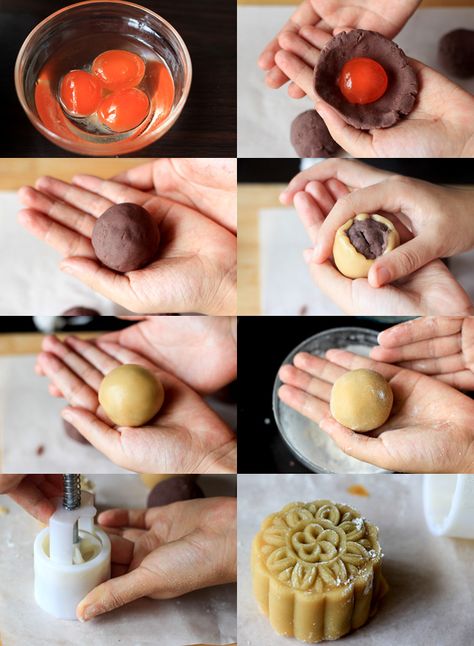 Chinese traditional mooncake step--asseme the moon cake Different Types Of Food, Chinese Moon Cake, Chinese Cake, Mooncake Recipe, Moon Cake Mold, Moon Cakes, Cibo Asiatico, Chinese Dessert, Asian Desserts