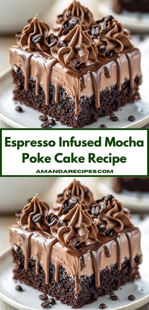 Need a quick and satisfying dessert? Our Espresso Infused Mocha Poke Cake is incredibly easy to prepare, making it a go-to choice for busy families. Enjoy a delightful burst of coffee and chocolate in every slice! Espresso Poke Cake, Espresso Powder Recipes Desserts, Coffee Poke Cake, Mocha Poke Cake, Chocolate Poke Cakes, Espresso Dessert Recipes, Espresso Powder Recipes, Espresso Desserts, Espresso Chocolate Cake